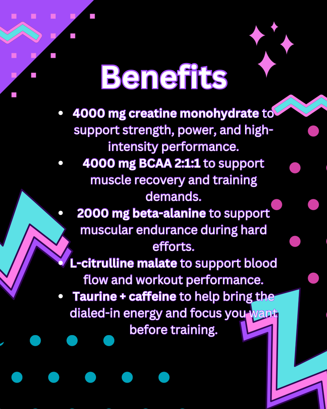 List of benefits with ingredients on a colorful geometric background