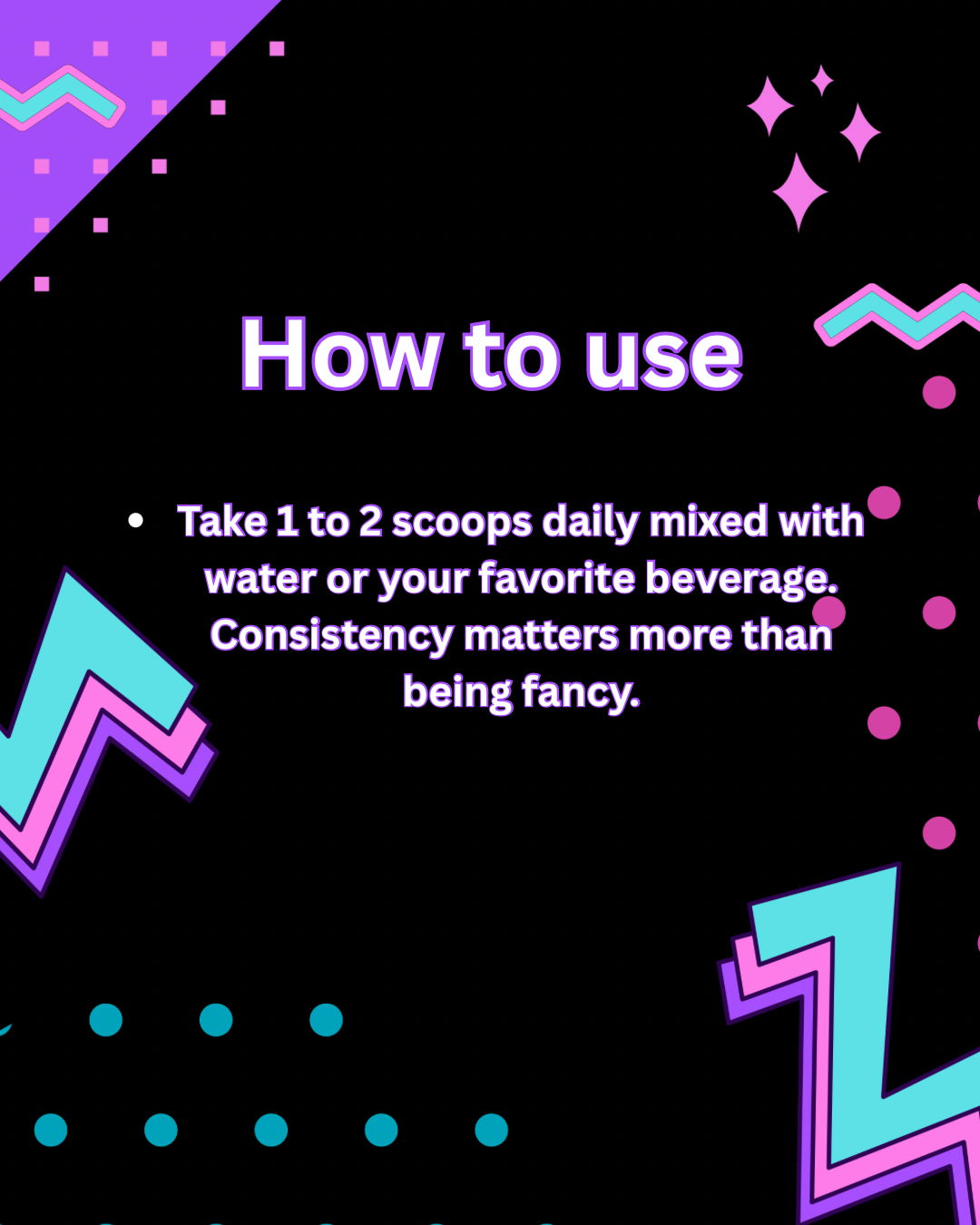 Text on a black background with colorful geometric shapes and text about using a product.