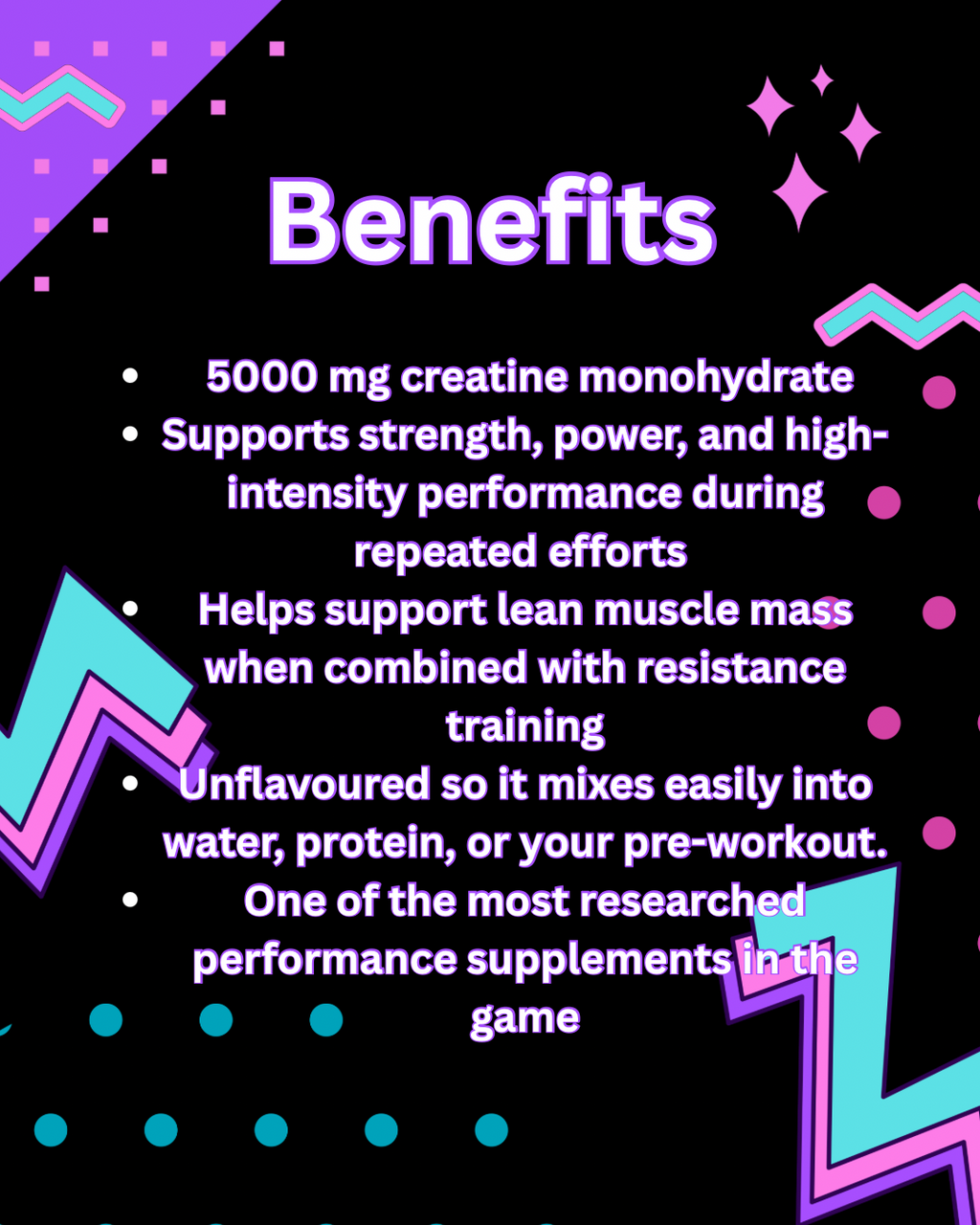 Text detailing the benefits of a creatine monohydrate supplement on a colorful background