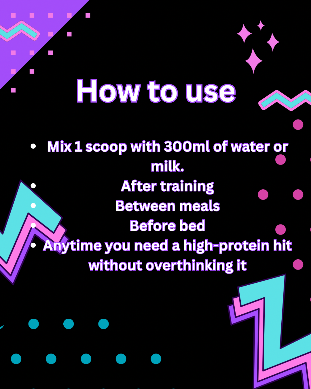 Instructions on how to use a product with colorful geometric shapes on a black background