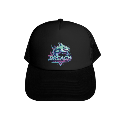 Black cap with a shark logo and 'Breach Performance Co' text on a white background