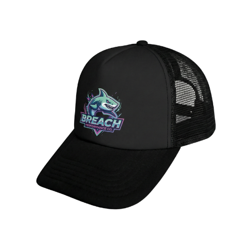 Black trucker cap with a shark logo and 'Breach' text on a white background