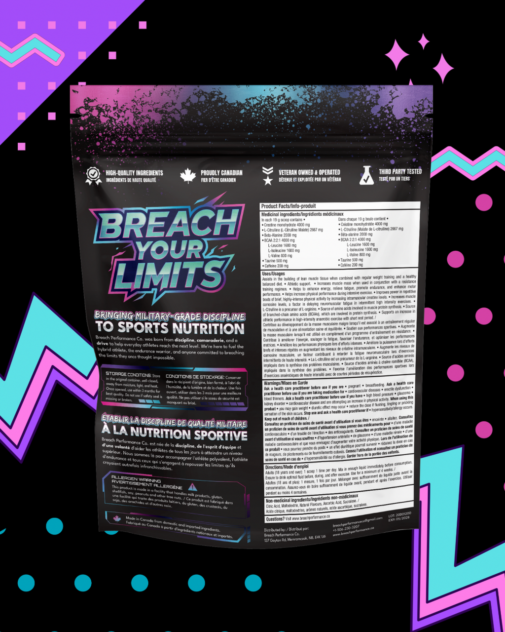 Product packaging with 'Breach Your Limits' branding on a colorful geometric patterned background