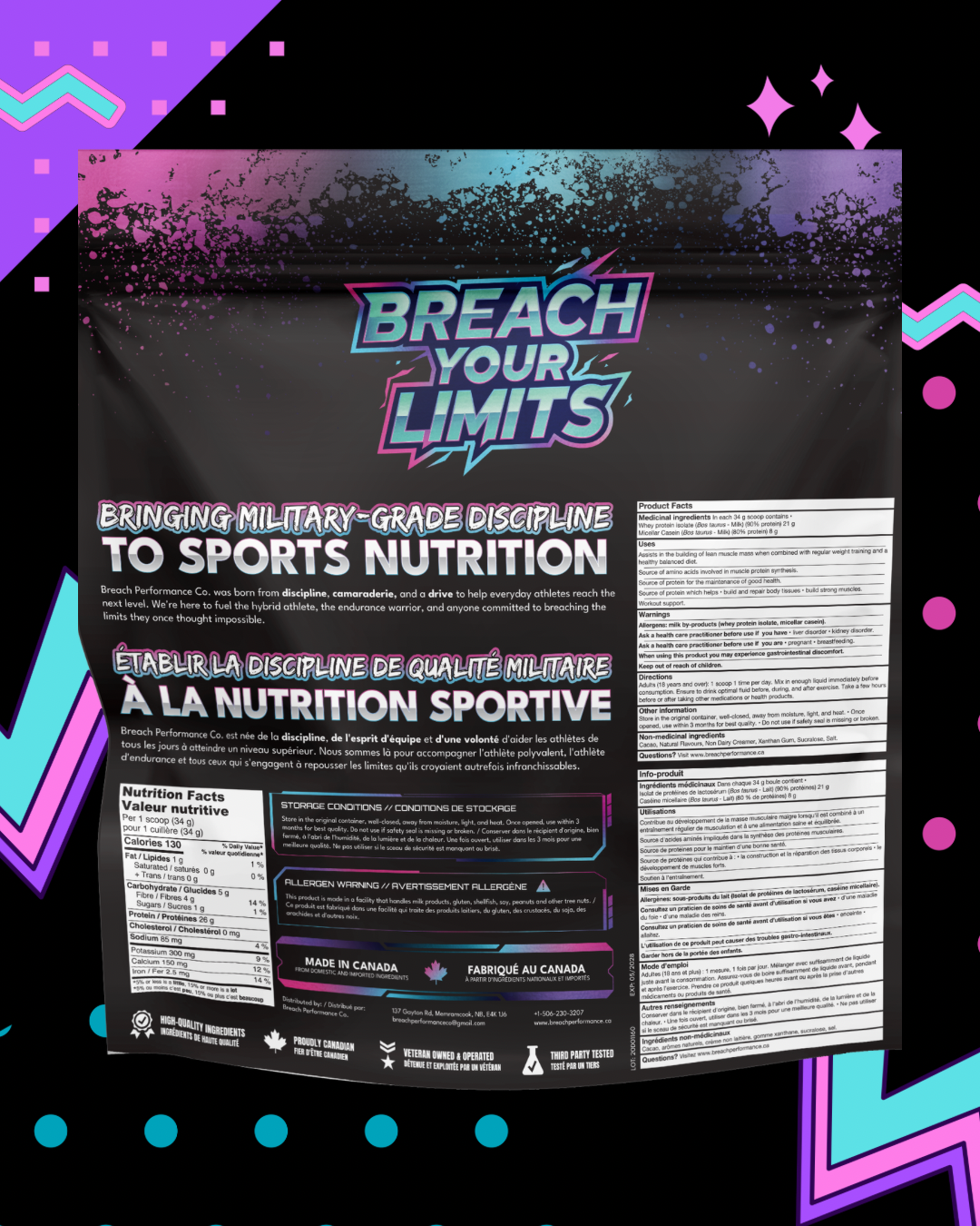 Sports nutrition supplement package with 'Breach Your Limits' branding on a colorful geometric background