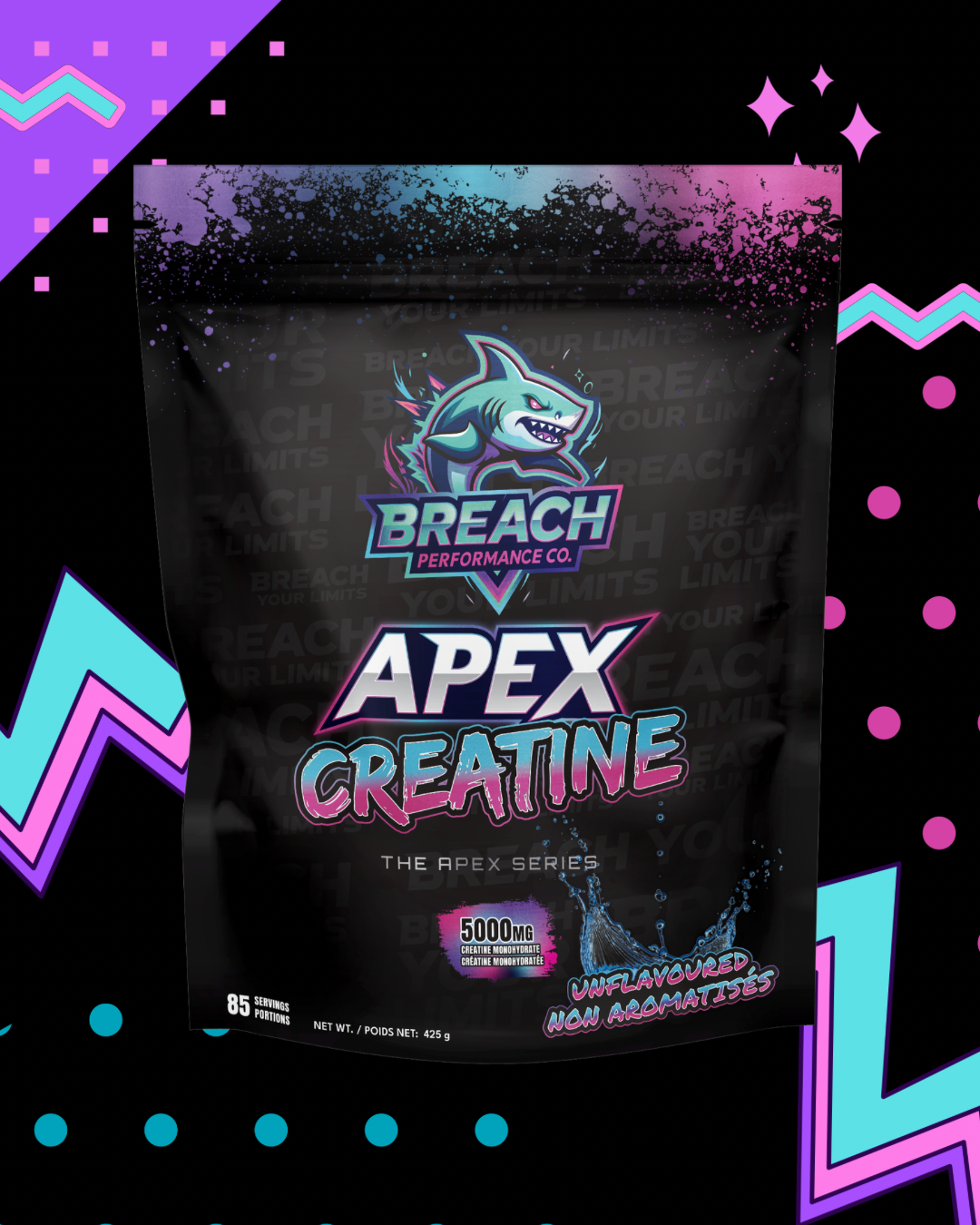 Breach Performance Co. Apex Creatine supplement package on a colorful geometric patterned background