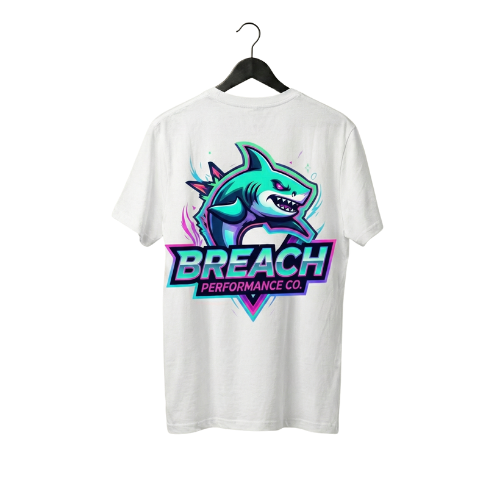 White t-shirt with a shark graphic and 'Breach Performance Co.' text on a hanger against a white background